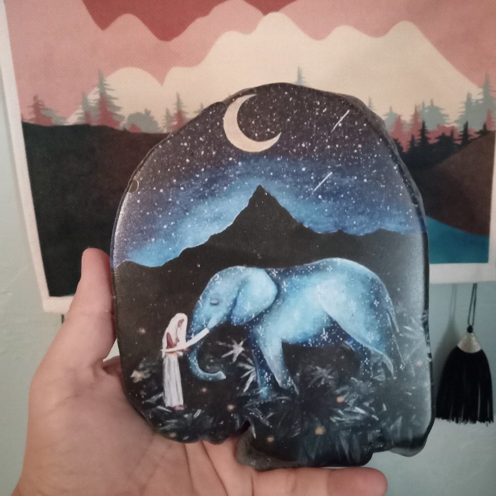 Beautifully hand painted dream Goddess blue agate slab
